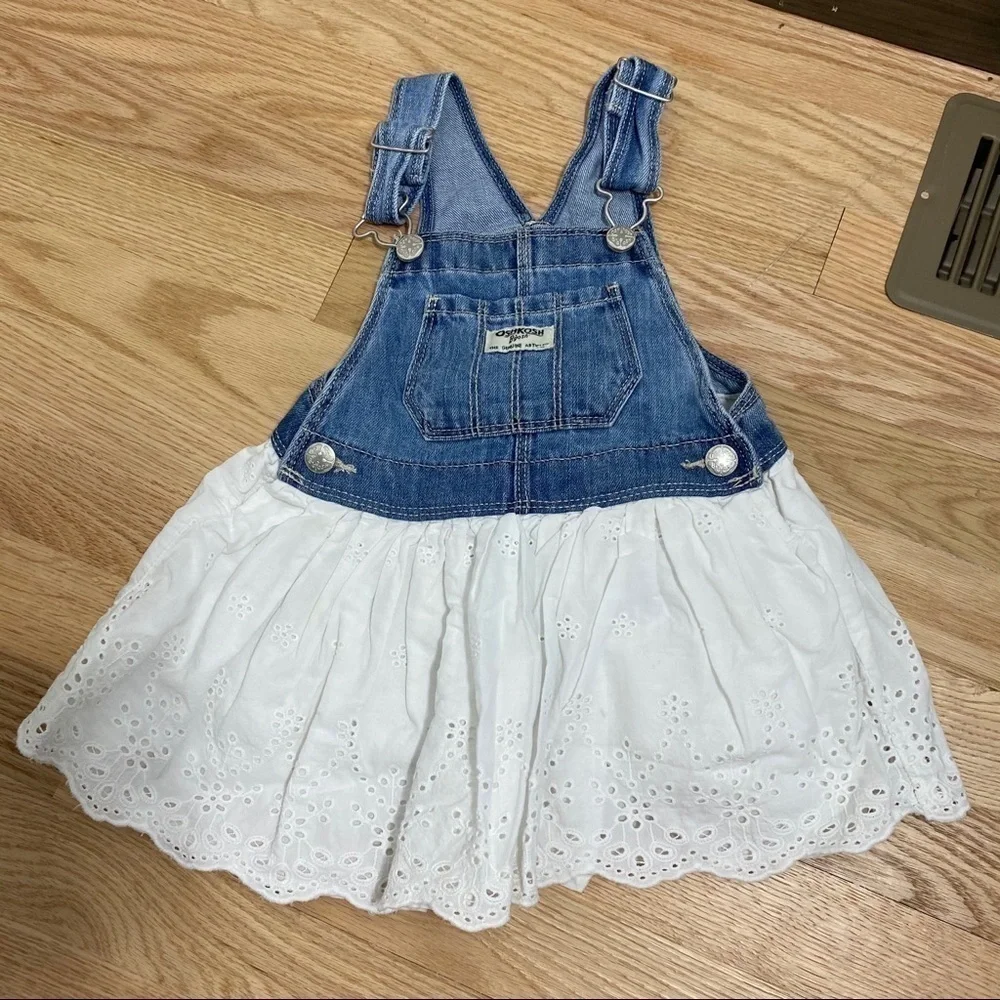 OshKosh Eyelet Denim Overall Dress Sz 2T White Dressall Jean White Lace Girls